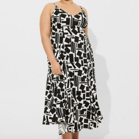 Torrid Midi Trapeze Dress Stretchy Challis Pockets Geometric Print Flowy Party - Picture 1 of 16